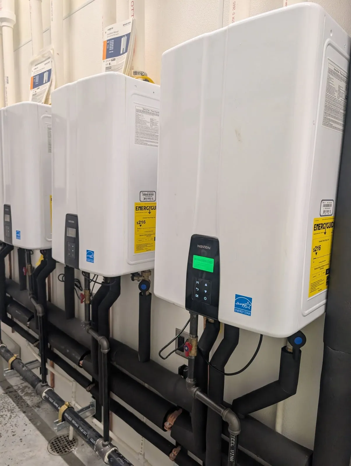 Bank of commercial tankless water heaters