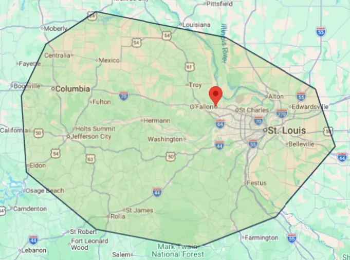 Map showing Legacy Plumbing's general service area across the St. Louis metro region and surrounding Missouri and Illinois communities, with O'Fallon, MO as the base