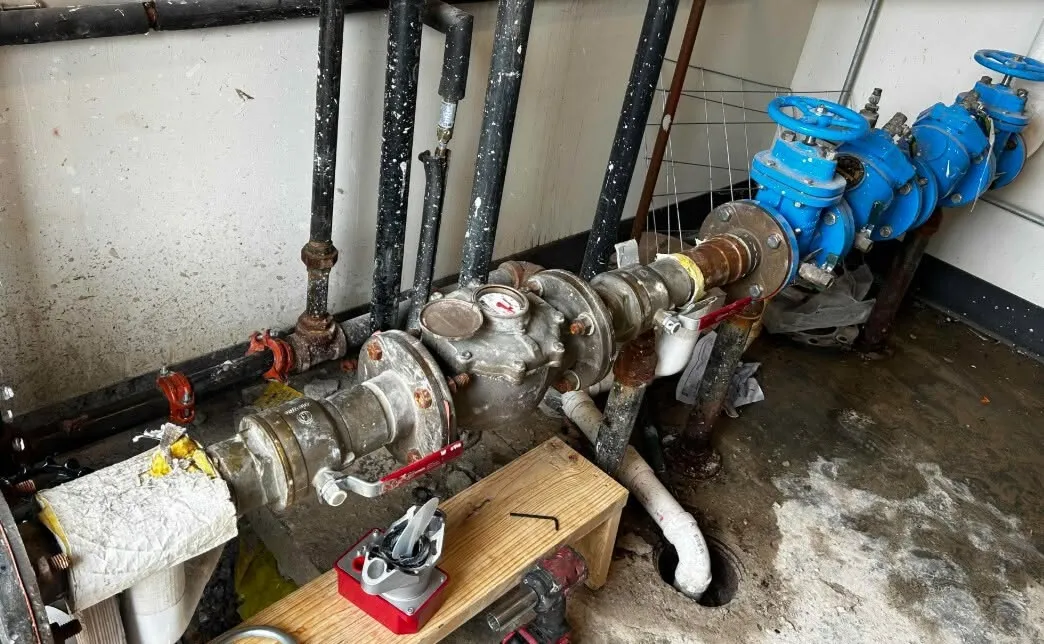 Backflow preventer and booster pump in a mechanical room