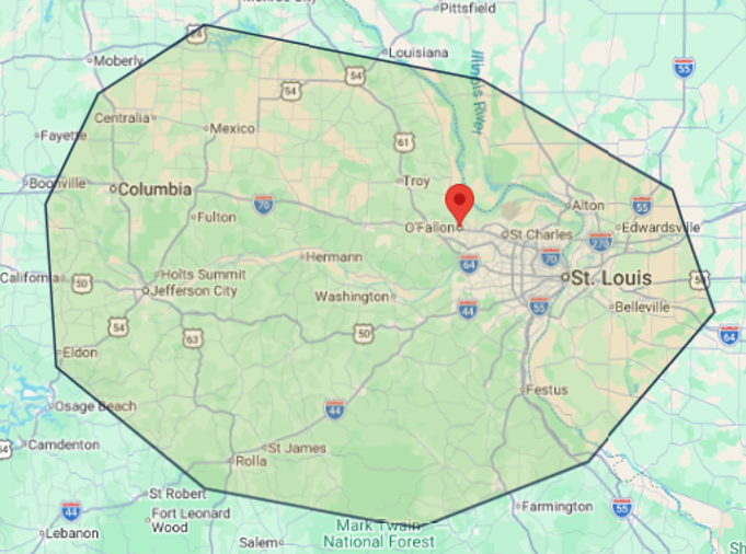 Map showing Legacy Plumbing's general service area across the St. Louis metro region and surrounding Missouri and Illinois communities, with O'Fallon, MO as the base
